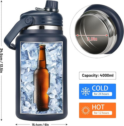 1 Gallon Thermosflask with Straw, 135oz Stainless Steel Insulated Water Bottle，4L Oversized Double Wall Vacuum Jug with Handle for Hot Cold Drinks, Wide mouth Icebuckets for Hiking Sports(Blue)