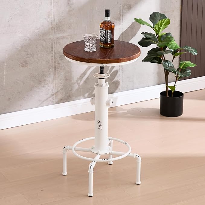 chairus Vintage Industrial Metal Bar Table, 32.75-38.5" Adjustable Counter Height Round Pub Table, 19.75" Dia Wood Top Hydrant Shape Frame, Rustic Small Bistro Cafe Cocktail Table, Distressed White