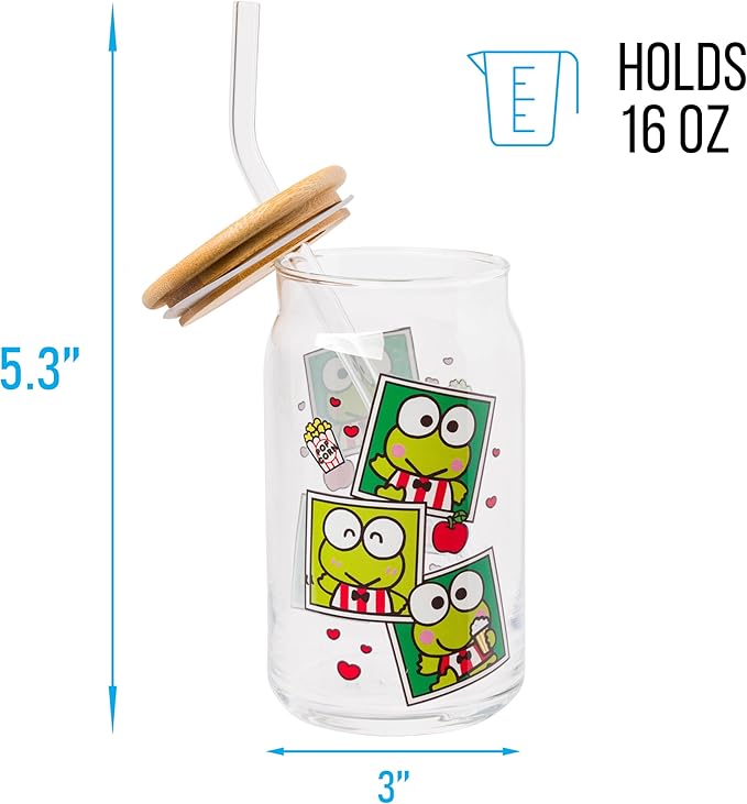 Silver Buffalo Sanrio Hello Kitty and Friends Keroppi Polaroids Glass Jar Tumbler with Bamboo Lid and Glass Straw, 16 Ounces