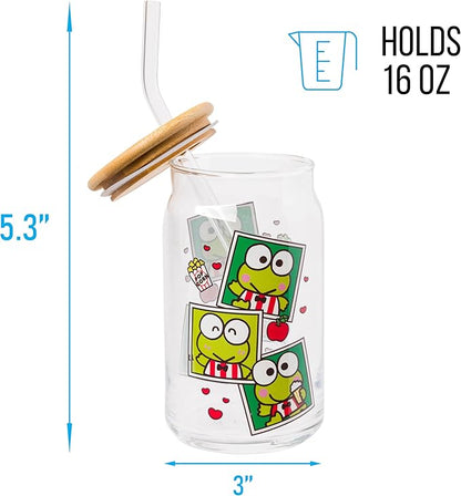 Silver Buffalo Sanrio Hello Kitty and Friends Keroppi Polaroids Glass Jar Tumbler with Bamboo Lid and Glass Straw, 16 Ounces