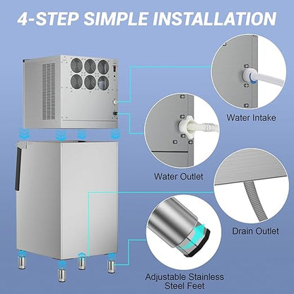 Ice Maker Commercial Ice Machine Large Capacity Stainless Steel 450 Lbs/24H Industrial Ice Machine, 350 Lbs Storage Commercial Ice Machines Free Standing, Cubes Ice Makers Commercial