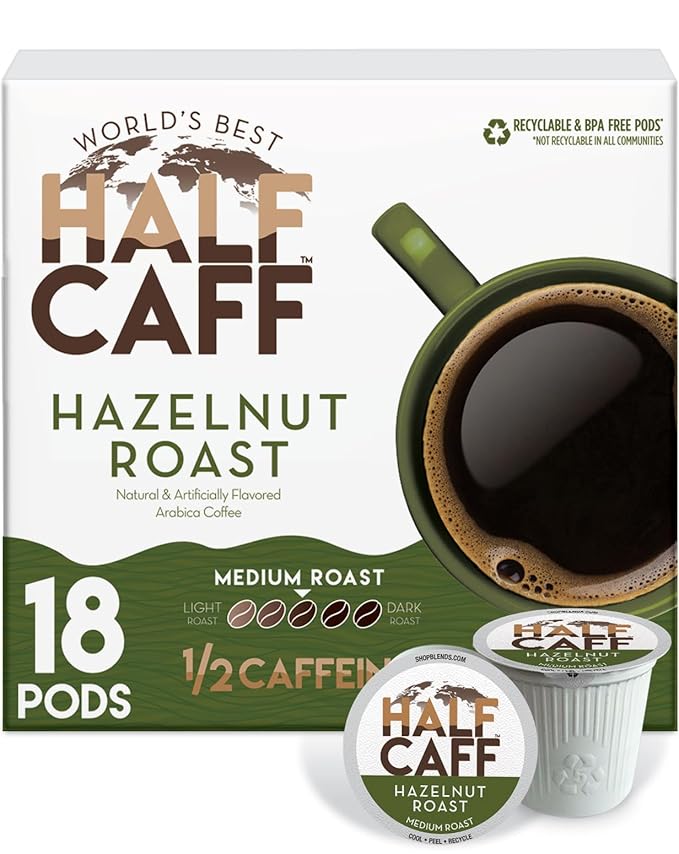 World's Best Half Caff Hazelnut Coffee Pods, 18 ct, Medium Roast Flavored Coffee in Recyclable Single Serve Pods – 100% Arabica Beans, Compatible with Keurig K Cups Maker