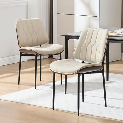 BV Mid Century Modern Dining Chairs Set of 2, Upholstered Pu Leather Accent Chair with Walnut Bentwood Back, Armless Kitchen Retro Chair for Dining Room, Living Room, Kitchen, Beige
