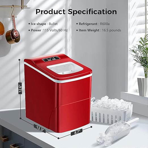 AGLUCKY Ice Makers Countertop with Self-Cleaning, 26lbs/24hrs, 9 Cubes Ready in 6 Mins, Portable Ice Machine with 2 Sizes Bullet Ice/Ice Scoop/Basket for Home/Kitchen/Office/Bar/Party, Red