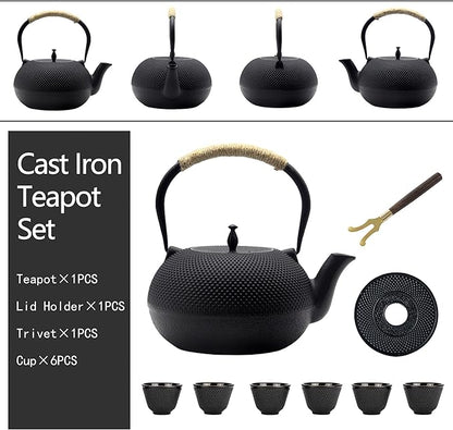 Big Cast Iron Teapot Set with Cups, Japanese Tetsubin Tea Kettle for Stovetop Safe, Cast Iron Tea Set with Tea Strainer for Loose Tea and Enameled Interior (1800ml Teapot Set with Cups)
