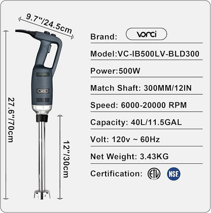 VONCI 500W Commercial Immersion Blender, 12" SUS 304 Removable Shaft, Heavy Duty Power Hand Mixer with Variable Speed 6000-20000RPM, Professional Electric Stick Blender for Restaurant Kitchen Use.