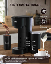 ZACME 4IN1 Single Serve Coffee Maker for K Cup &Ground, Small Coffee Machine with Milk Frother & Grinder, 5 Brew Size, 28oz Water Tank, Adjustable Drip Tray