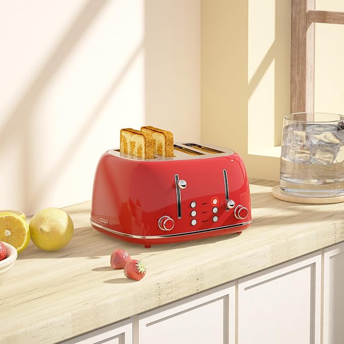Toaster 4 Slice, Retro Stainless with 6 Bread Shade Settings,1.5''Wide Slots Toaster with Cancel/Defrost/Reheat,Dual Independent Control Panel(Red)