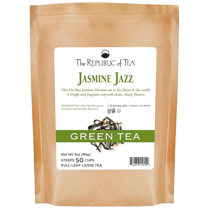 The Republic of Tea Jasmine Jazz Green Full-Leaf Loose Tea | 3.0 Ounce Refill Bag | Steeps 50 Cups