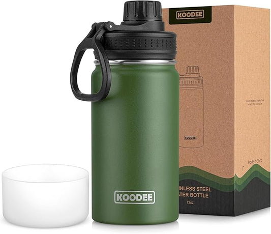 koodee 12 oz Water Bottle Stainless Steel Vacuum Insulated Wide Mouth Water Flask with Leakproof Spout Lid, Reusable Metal Water Bottle for Boys BPA Free(Grass Green)