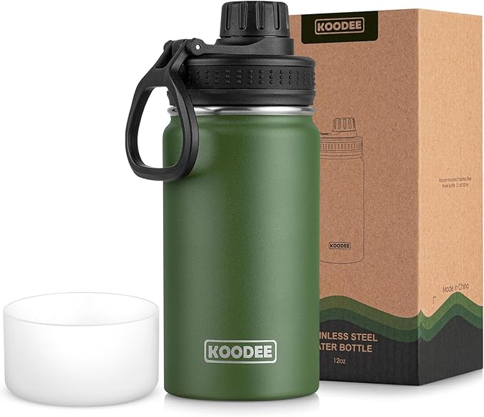koodee 12 oz Water Bottle Stainless Steel Vacuum Insulated Wide Mouth Water Flask with Leakproof Spout Lid, Reusable Metal Water Bottle for Boys BPA Free(Grass Green)