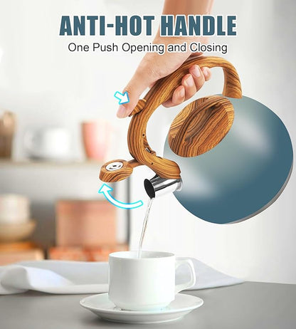 Tea Pot, 3.2Qt Tea Kettle Stovetop, Food Grade Stainless Steel Tea Kettle,Suitable for Various Heat Sources,One-Button Switch (Grayish Blue Gradient)