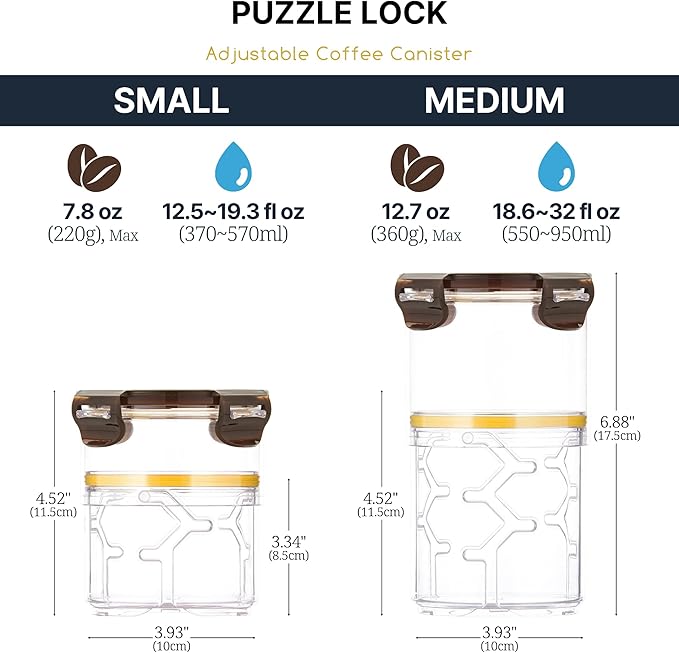 Size Adjustable Coffee Canister - Airtight Storage Container for Coffee Beans and Grounds, Tea, Spice (Small)