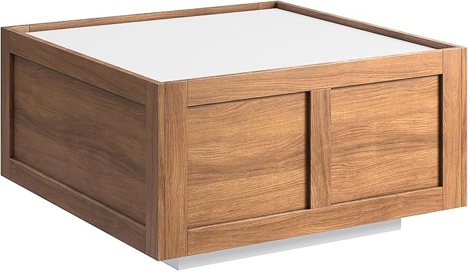 Farmhouse Coffee Table with 2 Storage Drawers for Living Room Square Center Middle Table Modern Cocktail Table Contemporary Mid Century Wood Home Office Waiting Room (White Brown)