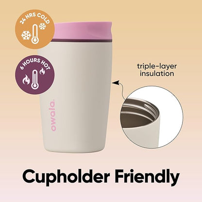 Owala SmoothSip Slider Insulated Stainless Steel Coffee Tumbler, Reusable Iced Coffee Cup, Hot Coffee Travel Mug, BPA Free 12 oz, Pink/Tan (Daybreak)