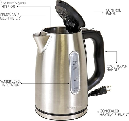 Kenmore Electric Kettle - Cordless Digital Calentador De Agua, Stainless Steel Instant Tea Pot, Preset Temperature Control, Automatic Shut-Off, Rapid Boil, Hot Water Boiling Heater, 1.7 Liter Silver