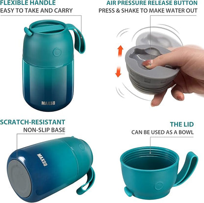 MAXSO 2 Pack Soup Thermo for Hot Food, Vacuum Insulated Food Jar Thermal Lunch Containers for Adults, Travel Food Flask (24 oz,17 oz) (Gradual Blue-green)