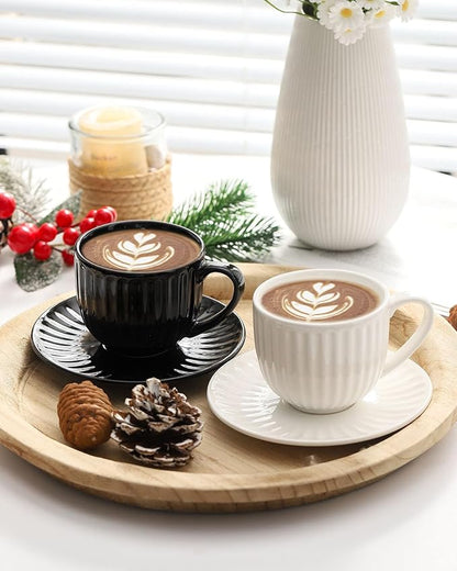 Ceramic Espresso Cups with Saucers 8 Oz,Set of 4 Porcelain Demitasse Cups Set,Small Coffee Cups with Handle for Coffee,Tea,Latte and Macchiato,Cappuccino Mugs for Kitchen and Cafe,White