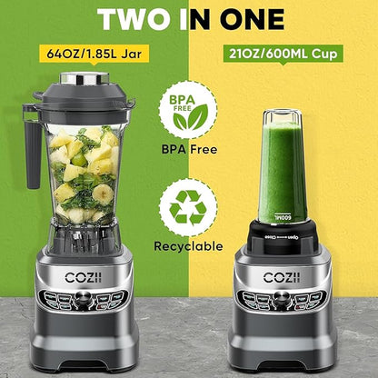 COZII Professional Blender 2000W, Smoothie Countertop Blenders for Kitchen, 64 Oz Pitcher/21-Oz To-go Cup, 7 Preset Programs for Ice Crush/Frozen Drinks/Dips/Nut Butter, High Speed, Dishwasher Safe