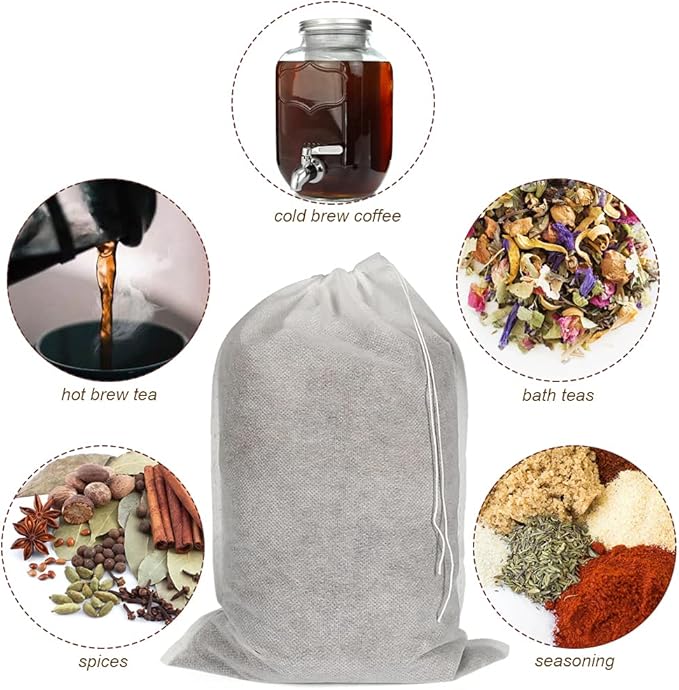 50pcs No Mess Large Cold Brew Bags, 8x12 inch Disposable Coffee Filter Bag Fine Mesh Hops Brewing Drawstring Pouches for Iced Coffee