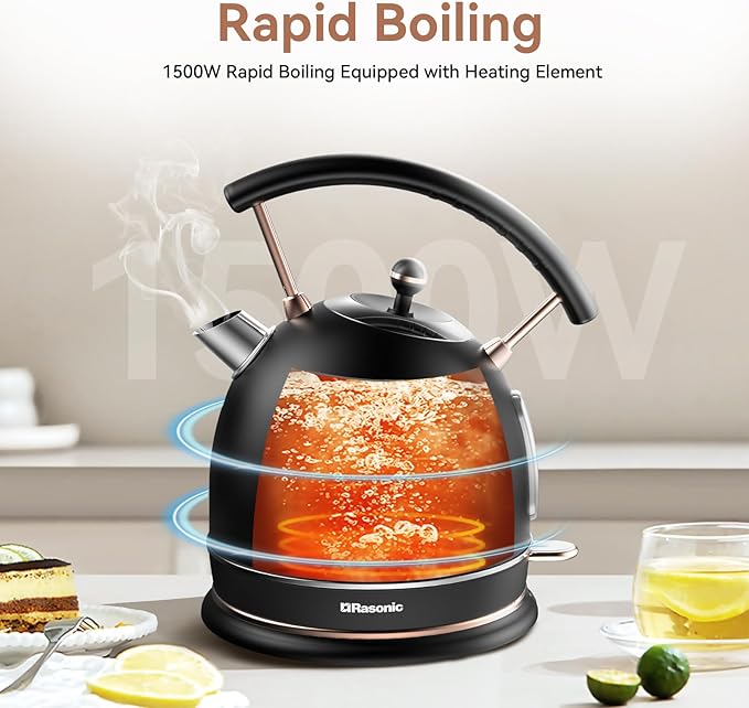 Rasonic Classic Retro Electric Kettle, 1.8L Stainless Steel, 1500W Fast Quiet Boiling, Temperature Gauge, LED Light, Auto Shut-Off, Home & Office Use - Matt Finish Black and Rose Gold