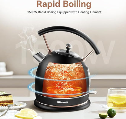 Rasonic Classic Retro Electric Kettle, 1.8L Stainless Steel, 1500W Fast Quiet Boiling, Temperature Gauge, LED Light, Auto Shut-Off, Home & Office Use - Matt Finish Black and Rose Gold