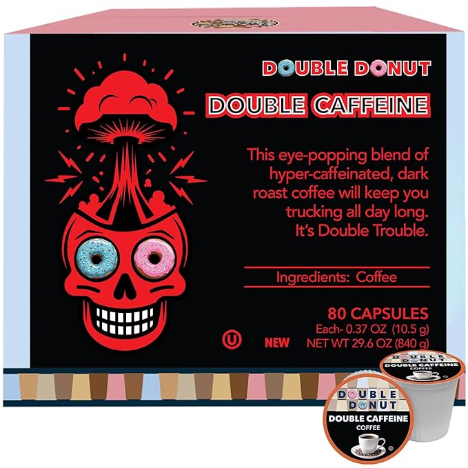 Double Donut High Caffeine Coffee Pods, Extra Strong Double Caffeine Coffee Cups for Keurig K Cup Brewer Machines Single Serve Dark Roast Coffee, 80 Count