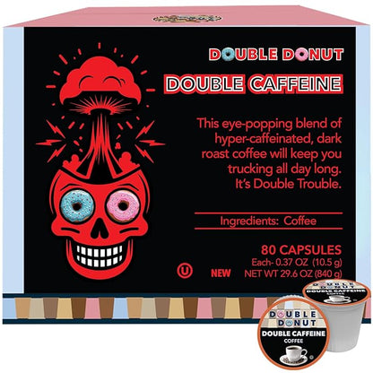Double Donut High Caffeine Coffee Pods, Extra Strong Double Caffeine Coffee Cups for Keurig K Cup Brewer Machines Single Serve Dark Roast Coffee, 80 Count