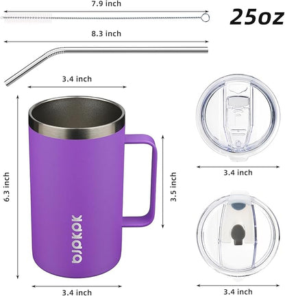 BJPKPK Insulated Coffee Mug with 2 Lids, 25oz Stainless Steel Insulated Tumbler with Handle, Double Wall Vacuum Coffee Cups, BPA Free Travel Mug for Coffee, Tea and Drinks, Purple