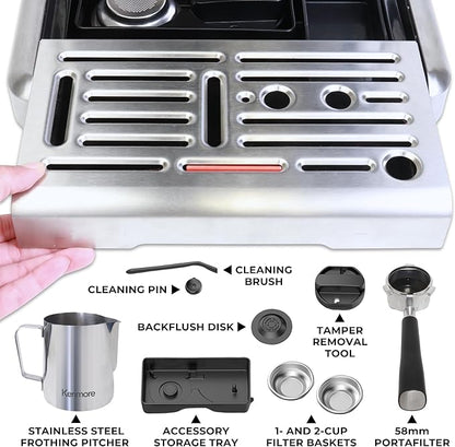 Kenmore Elite Espresso Machine – Automatic Coffee Maker with Auto Tamper, Auto Cleaning, Milk Steamer & Frother, Bean Grinder, Make Professional Barista Style Cappuccino, Café Latte