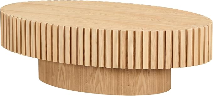43.7 Inch Oval Drum Coffee Table, Modern Handcraft Fluted Drum Coffee Table, Wooden Round Coffee Table Center Table with Sturdy Pedestal for Living Room Apartment (Natural)