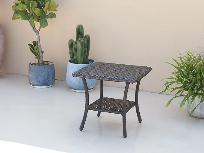 HUMMUH Outdoor End Table,Patio Wicker Small Side Table, PE Rattan Coffee Table with 2-Tier Storage Shelf for Bistro Set Conversation Sets Brown…