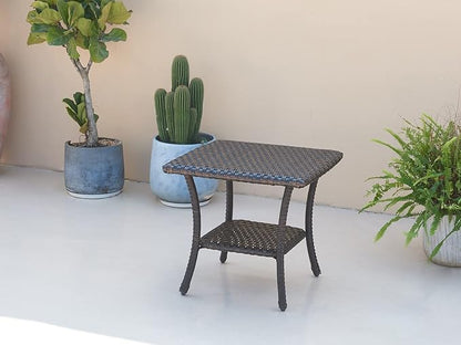 HUMMUH Outdoor End Table,Patio Wicker Small Side Table, PE Rattan Coffee Table with 2-Tier Storage Shelf for Bistro Set Conversation Sets Brown…