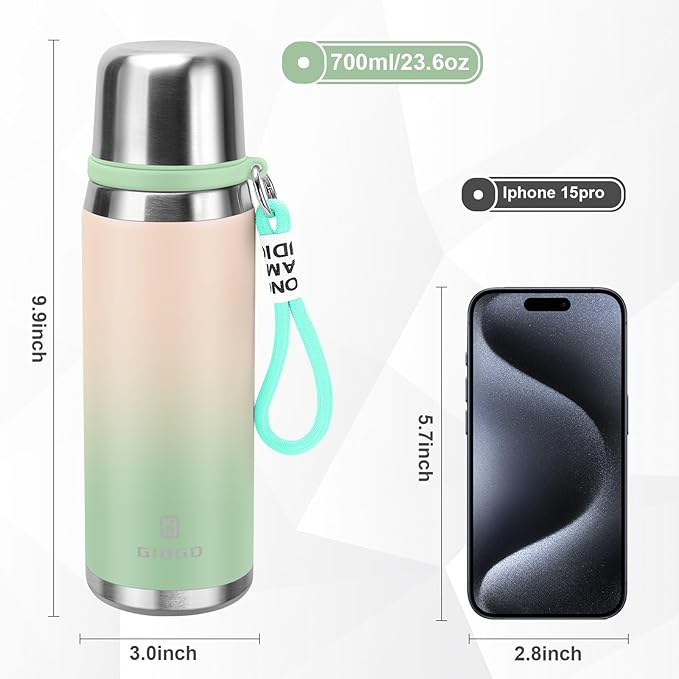 Stainless Steel thermo Bottles with cup 700ml/23.7oz Vacuum Insulated Bottle for hot and cold coffee drink water thermo flask with cup.(Gradient Green,700ml)