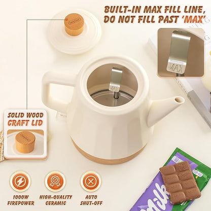 Ceramic Electric Kettle, Automatic Shut Off Tea Kettle & Hot Water Boiler Pot For Coffee & Tea, Prevent Boil Dry, 1.2L 1000W, Cream White