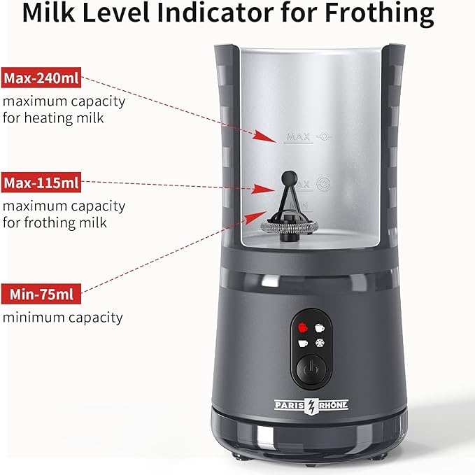 Paris Rhône Milk Frother, 4-in-1 Milk Steamer and Frother, Hot & Cold Foam Milk Warmer with Temperature Control(Grey)