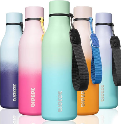 BJPKPK Insulated Water Bottles, 18 oz Stainless Steel Metal Water Bottle with Strap, BPA Free Leak Proof Jugs, Mugs, Flasks, Reusable Thermal Flasks for Sports & Travel, Mint