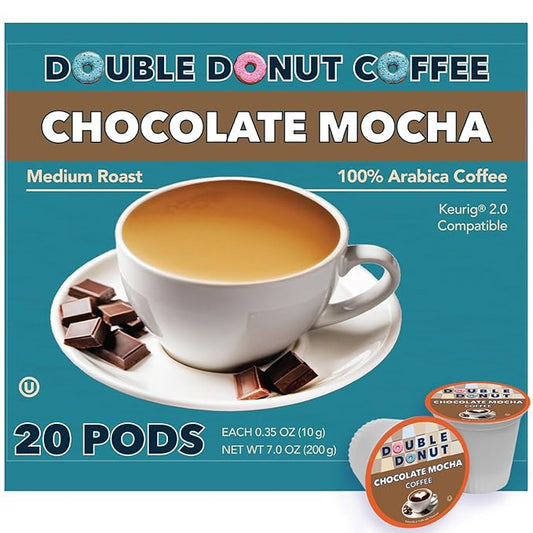 Double Donut Coffee Chocolate Mocha Flavored Coffee Pods, Medium Roast for Chocolate Coffee Lovers, Compatible with Keurig K Cups Brewers, 20 Count