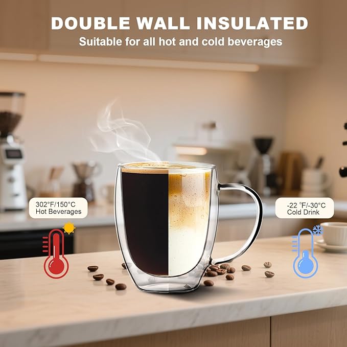 Large Double Wall Glass Coffee Mugs 18 oz, Clear Coffee Cup With Handle,Insulated Coffee Mugs Set of 2 With Spoons Perfect for Espresso, Cappuccino, Latte, American,Tea Bag, Beverage