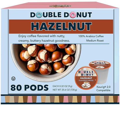 Double Donut Flavored Coffee Pods, Caffeinated Hazelnut Coffee Pods for Keurig K Cups Machines, Medium Roast, 80 Count (Pack of 1)