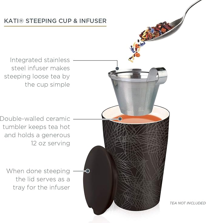 Tea Forte Noir Double-Walled Ceramic Kati Cup with Removable Stainless Steel Infuser Basket and Lid, Steeps 12 oz Loose Leaf Tea, Lid and Cup Dishwasher & Microwave Safe