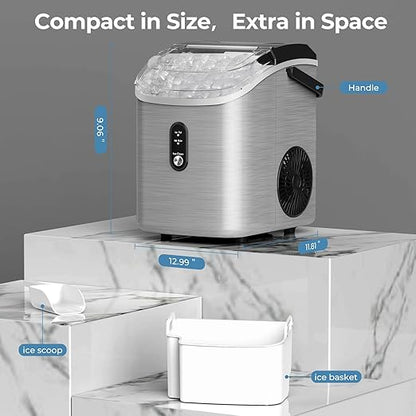 Nugget Ice Maker Countertop, 35.5Lbs/24Hrs Chewable Sonic Ice Machine with Self-Cleaning, Handle, Water Tank, Quiet Operation & Portable Pellet Ice Maker for Home, Office, Kitchen, Bar, Silver