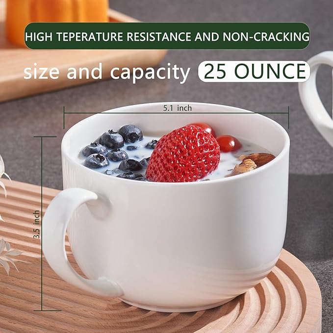 Chulan Large Luxury Bone China Cereal Mugs, White Porcelain Coffee Mugs Set of 2, 25oz Lightweight Ceramic Cups for Soup Fruit Salads Yogurt Pasta with Handles, Microwave Safe & Dishwasher Safe