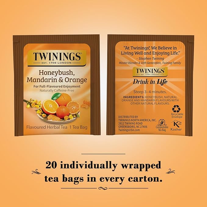 Twinings Honeybush, Mandarin, & Orange Herbal Tea Individually Wrapped Bags, 20 Count (Pack of 1), Naturally Caffeine-Free, Enjoy Hot or Iced, 20 Teabags