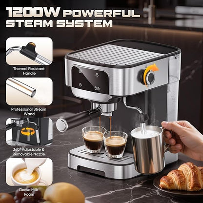 Espresso Machine 20 Bar, Professional Espresso Maker with Power Milk Frother，Compact Espresso Coffee Machine With LED Touch Screen for Home Latte, Cappuccino, 61OZ Removable Water Tank 2025
