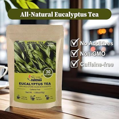 FullChea - Natural Eucalyptus Tea Bag 30 Teabags, 1.5g/bag - Premium Hojas de Eucalipto - Non-GMO - Caffeine-free - Boost Respiratory Health