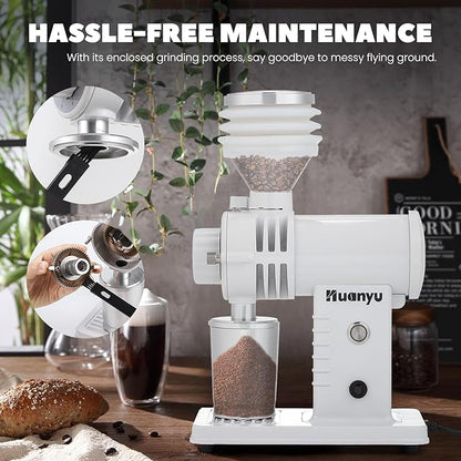 Huanyu Espresso Grinder with Titanium Flat Burr Electric Coffee Grinder with Hopper Bellows 10 Precise Grind Setting Coffee Grinders for Home Use White