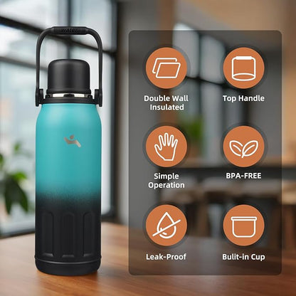 Insulated Water Bottle with Handle and Strap,Vacuum Travel Tumbler with Cup Lid,Thermo Coffee Cup for Hot Cold Drinks 50 OZ,TealBlack