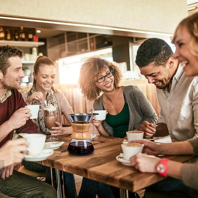 Pour Over Coffee Maker with Reusable Stainless Steel Drip Filter, Lead-Free Borosilicate Glass Coffee Carafe with Modern Wooden Collar for 1-6Cup, Circular Clear (800ml/27oz)