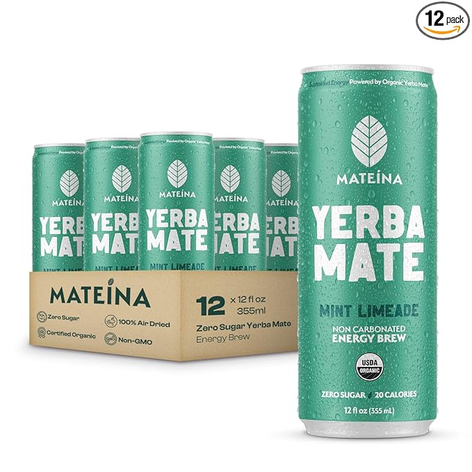 Mateina Yerba Mate Zero Sugar Energy Drink – 120mg Natural Caffeine – Organic, Non-GMO, Non-Carbonated – Dr. Andrew Huberman Recommended – 12 Pack (12oz Cans) (12 Pack, Mint Limeade)